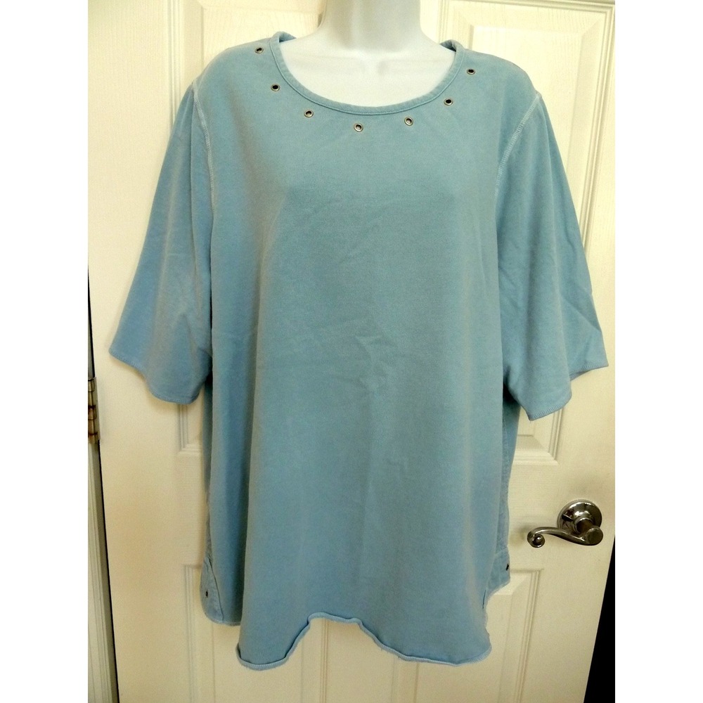 Hot Cotton Woman Blue Short Sleeve Sweatshirt Grommets Plus Size 2X Pullover